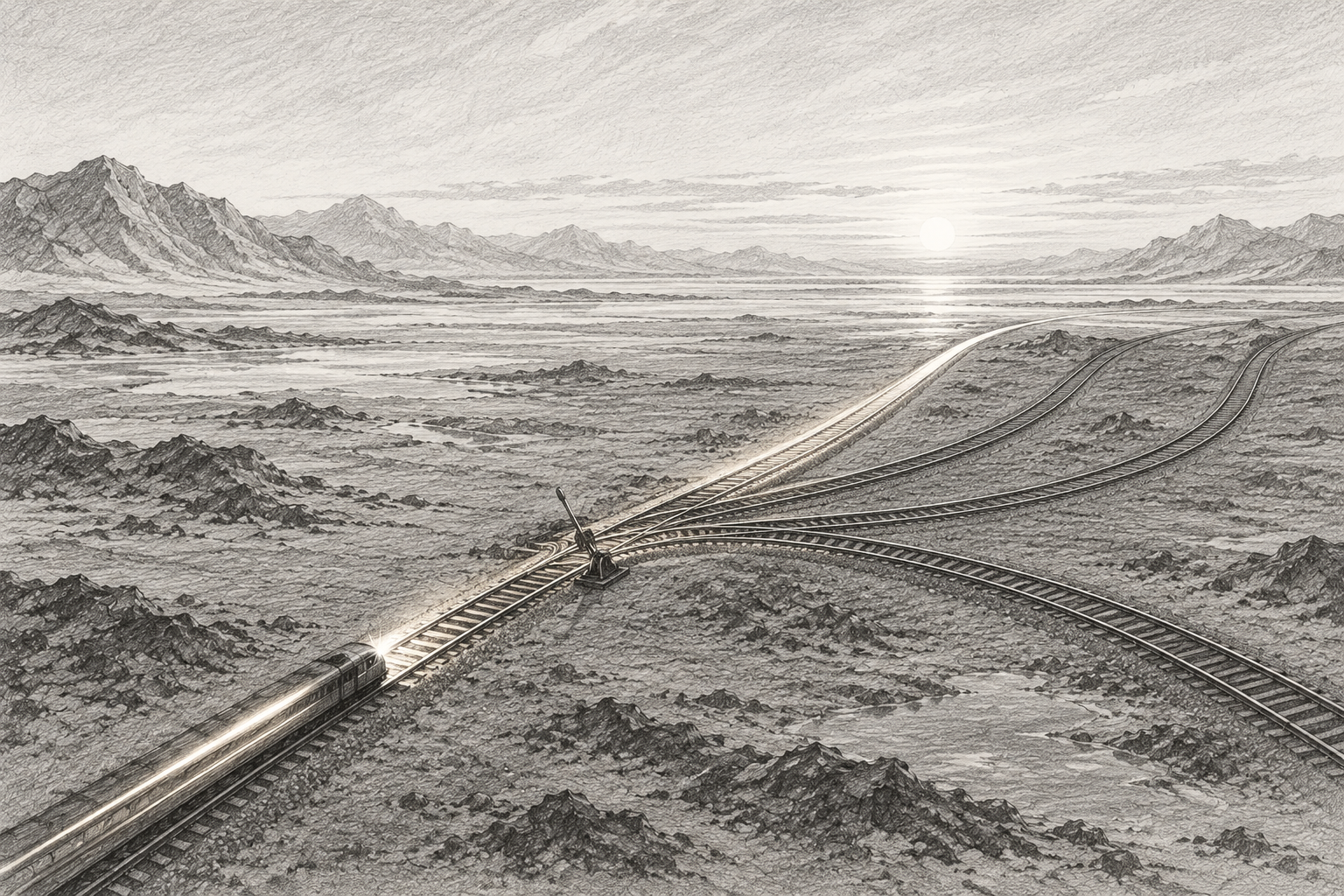 A railway switching yard seen from above at dusk: a single fast-moving light (a small glowing train) approaches a junction where tracks fork into four labeled branches, and a lever switch has just been thrown, sending it down one branch. The other branches are dim. Cool blue evening light, warm glow