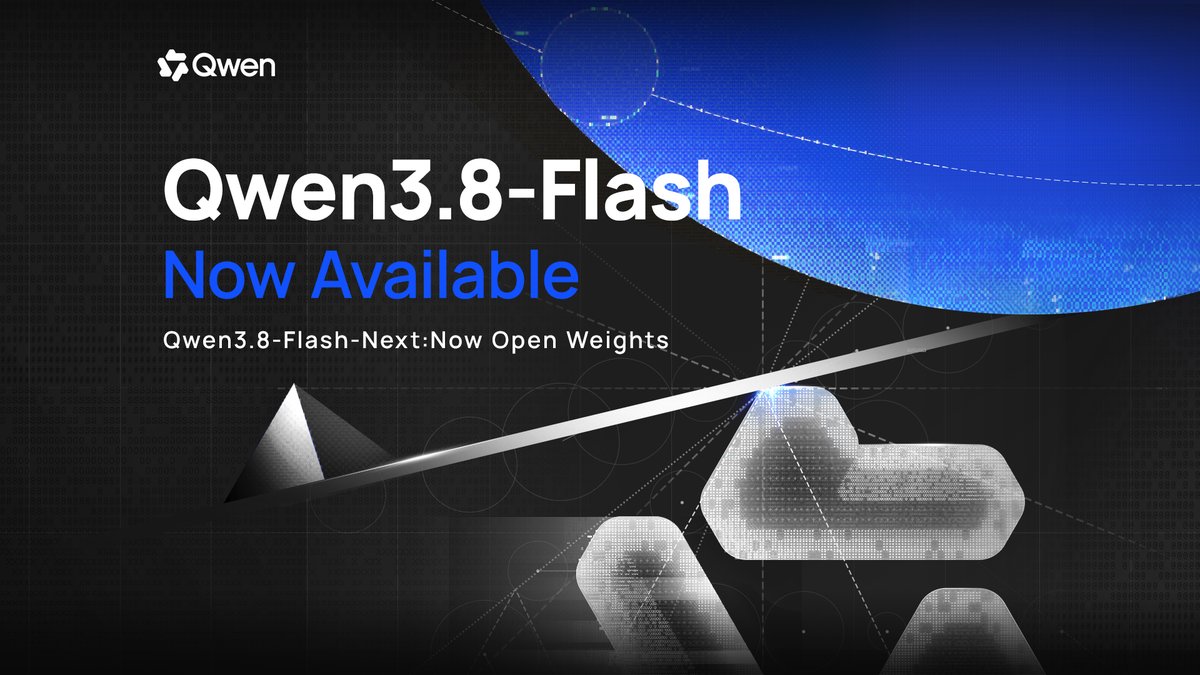 Promotional Alibaba Qwen graphic on a black-and-electric-blue abstract background. Large text reads “Qwen3.8-Flash Now Available,” with the subheading “Qwen3.8-Flash-Next: Now Open Weights,” alongside