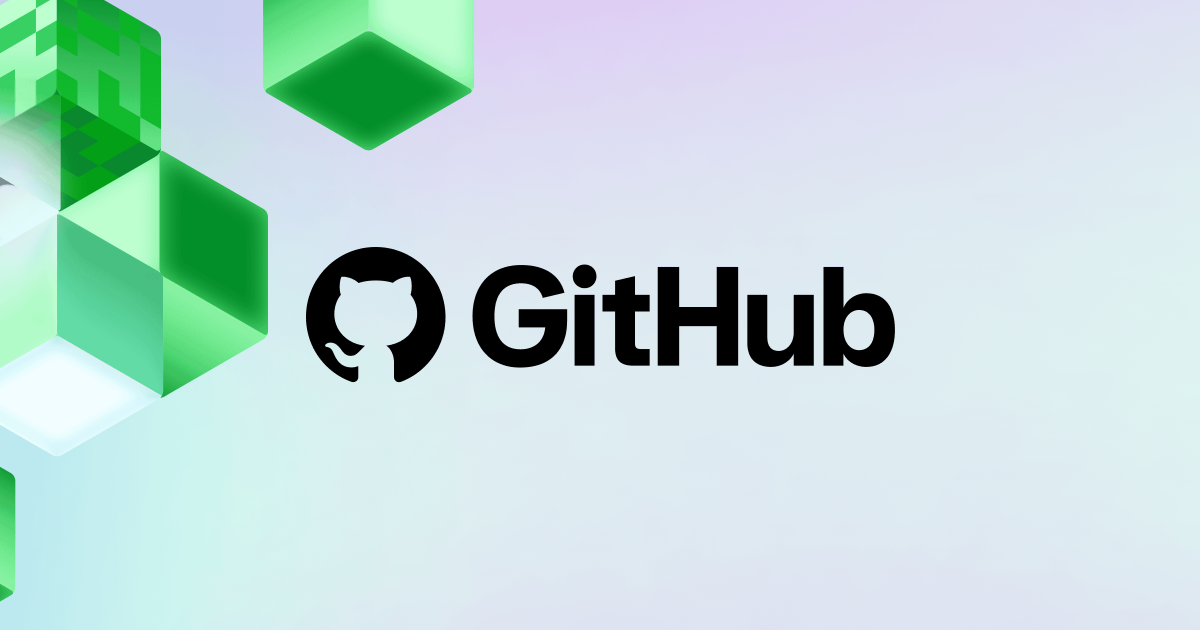 A GitHub-branded graphic with the black GitHub wordmark and Octocat logo centered on a pale blue-green gradient background, surrounded by translucent green geometric cubes along the left edge.