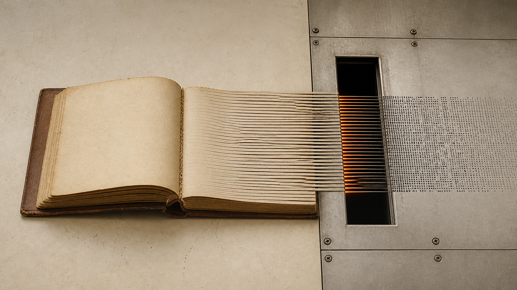 Illustration by Onset News: An illustrated physical book undergoes an irreversible transformation from readable object into machine-ingestible material.