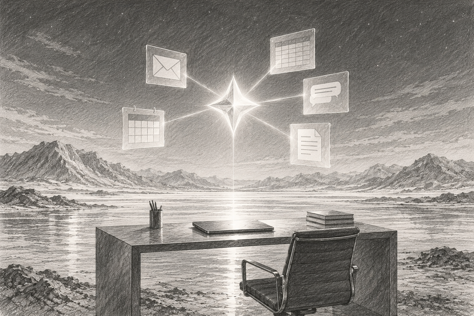 An empty modern office desk at night, a laptop closed on it, while above the desk a glowing four-pointed star (like the Gemini sparkle) floats and sends thin lines of light outward to small floating app windows: an email envelope, a spreadsheet grid, a calendar page, a chat bubble, a document. The w