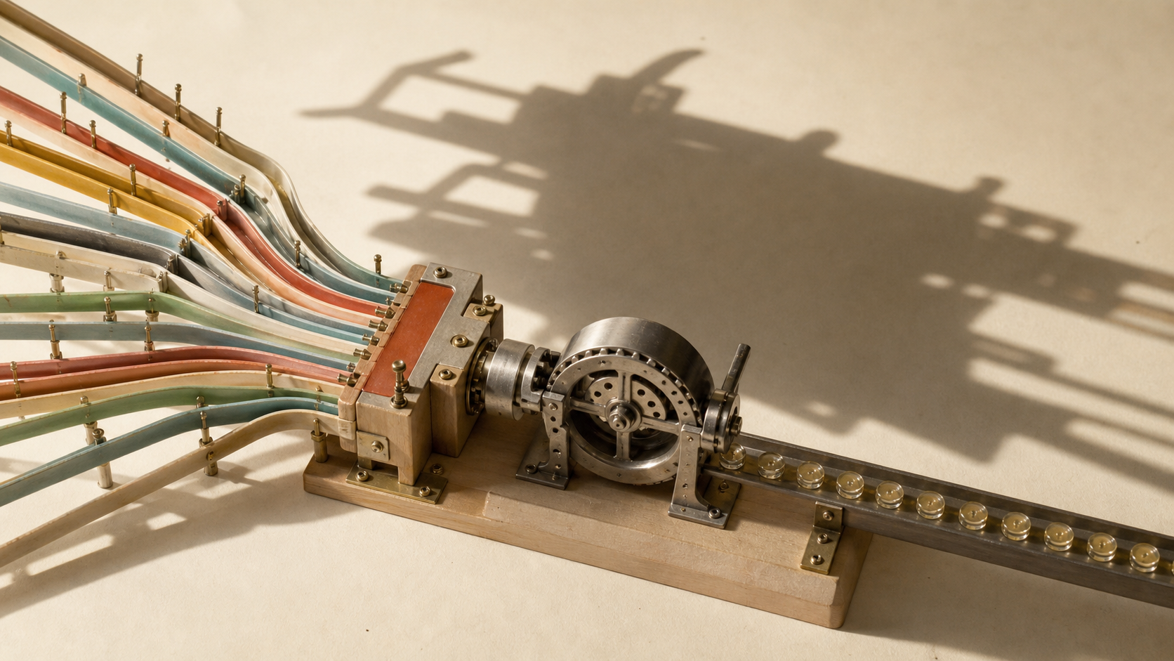 Illustration by Onset News: A sculptural model-routing switchboard being absorbed into a payment mechanism, visualizing Stripe’s move to control both where AI requests go and how each request is monetized.
