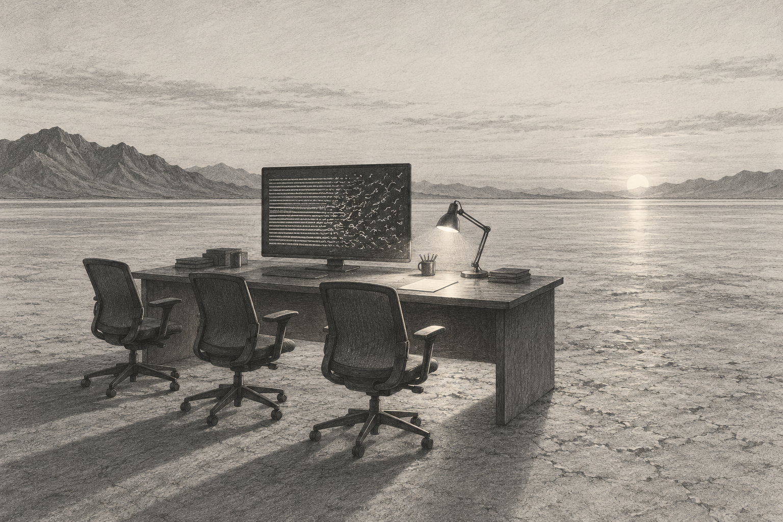Three empty office chairs pushed back from a long desk in a quiet, dim research office at dusk. On the desk, a printed letter lies under a desk lamp, the only warm light in the room. Behind the desk, a large monitor shows lines of text fading into abstract, unreadable patterns, suggesting reasoning
