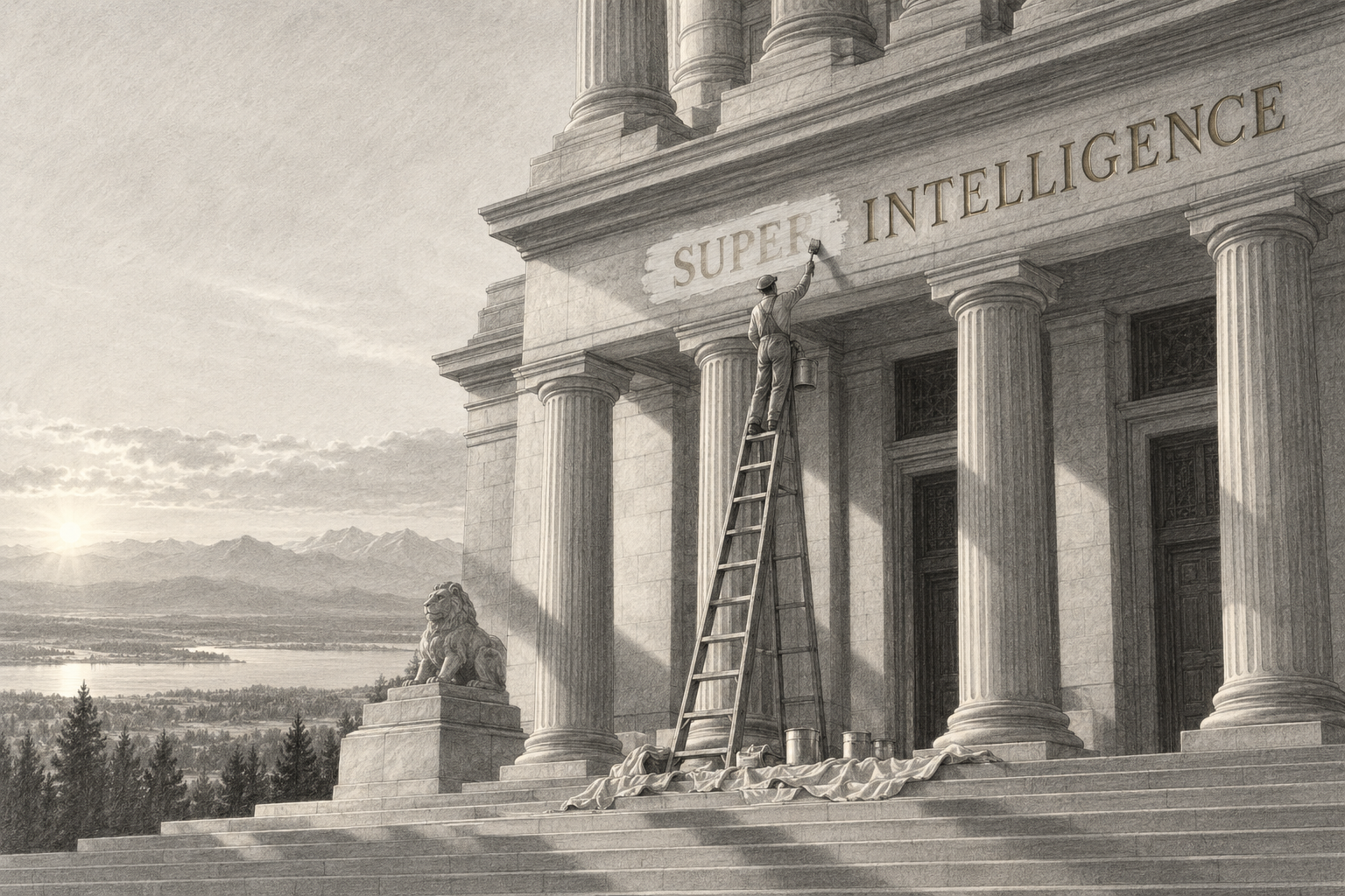 A sign painter on a ladder in front of a stately neoclassical federal building, painting over the word "ARTIFICIAL" in carved-looking gold lettering that reads "ARTIFICIAL INTELLIGENCE" above the entrance, with a fresh half-painted "SUPER" beginning to replace it. Paint cans and drop cloths on the s