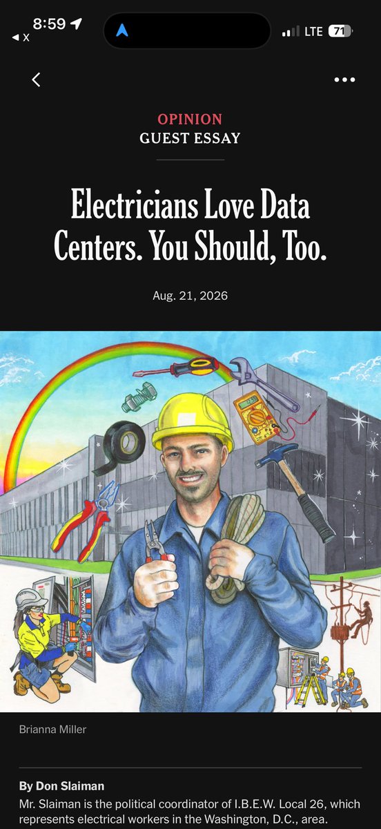 Slaiman's essay in The New York Times: "Electricians Love Data Centers. You Should, Too."