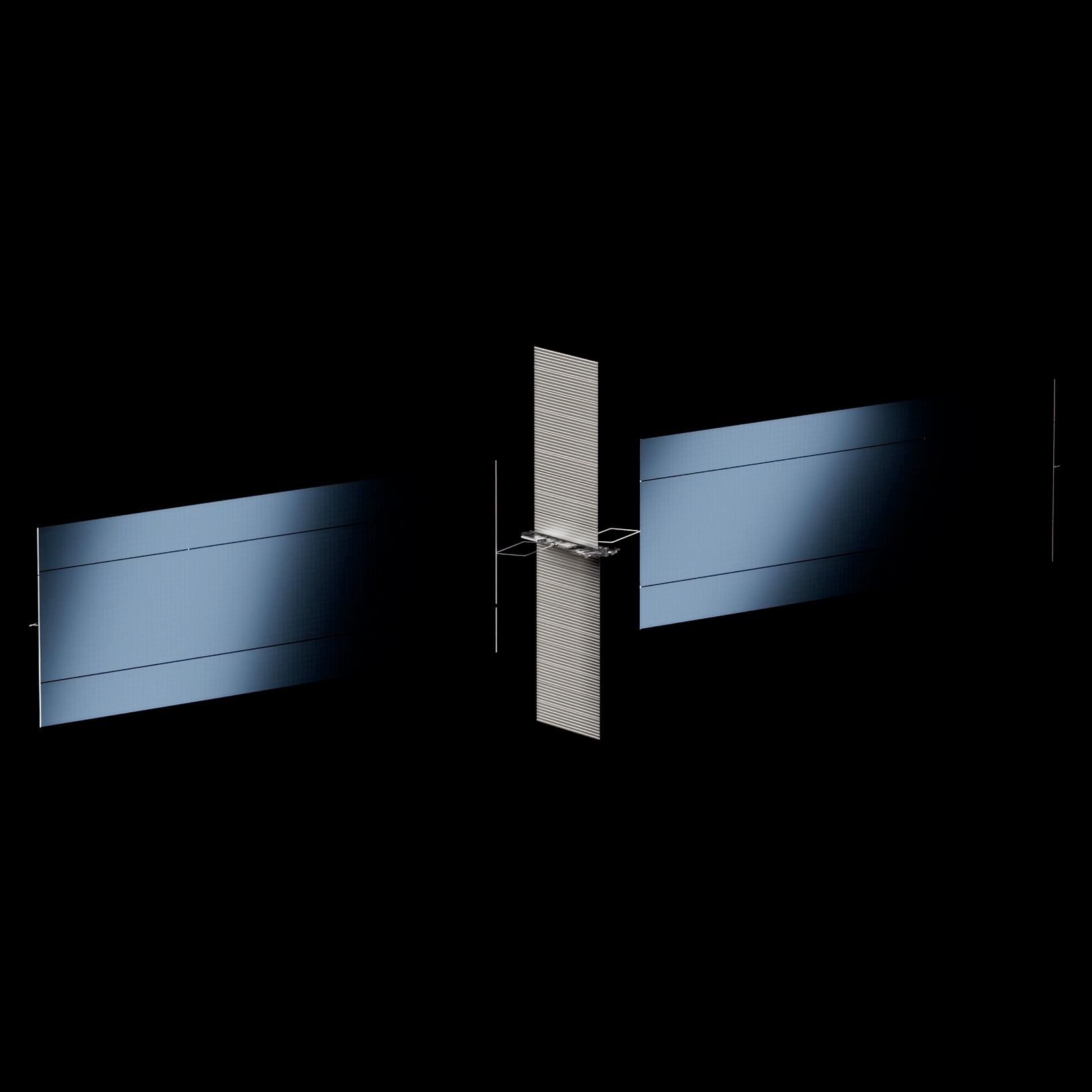 A SpaceX rendering of a satellite with broad solar-panel wings