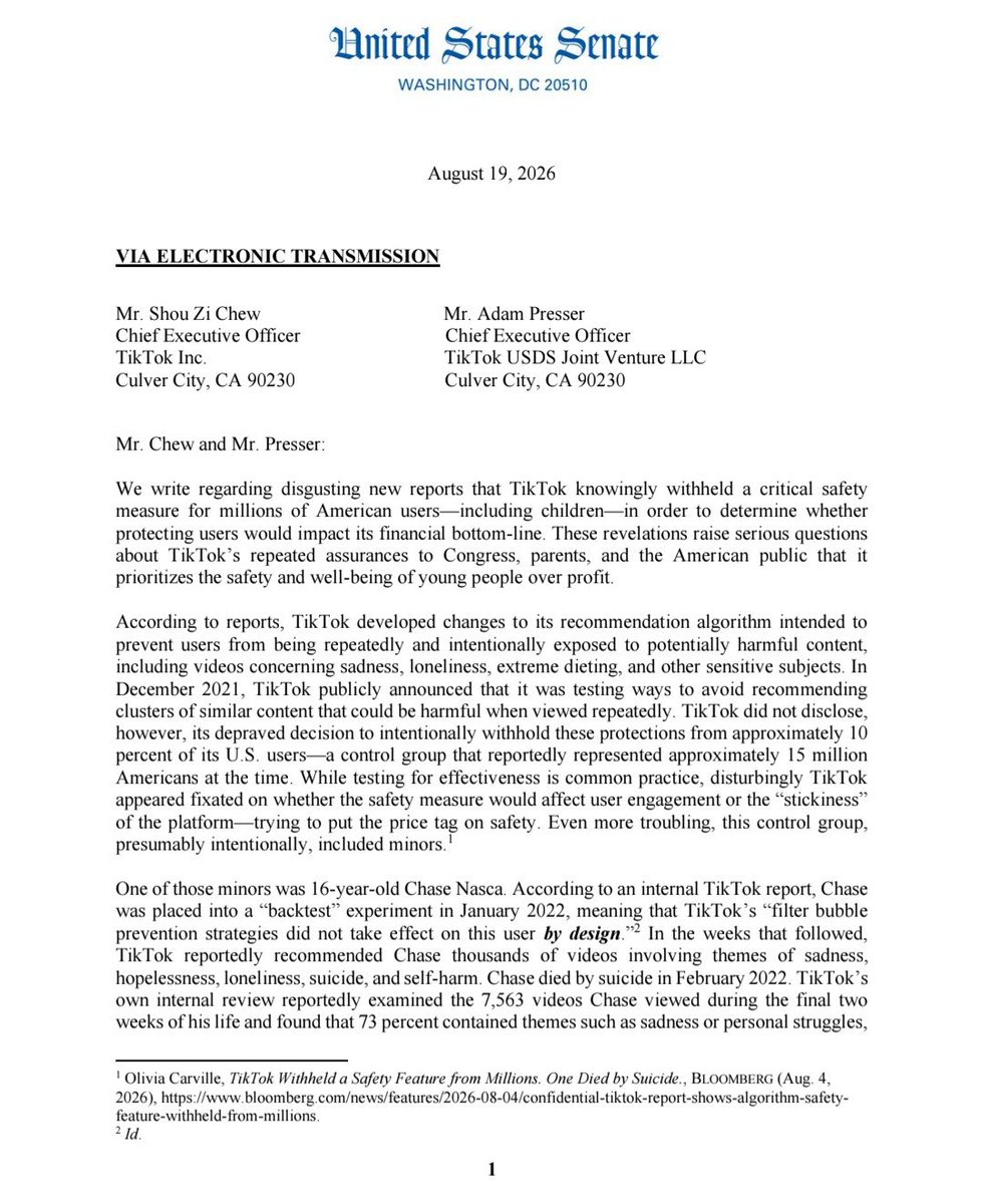 The first page of the senators’ Aug. 19 letter to TikTok