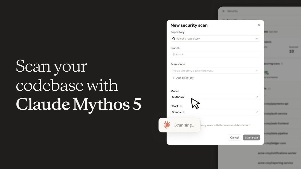 Promotional graphic for Claude Mythos 5 showing the headline “Scan your codebase with Claude Mythos 5” beside a “New security scan” dialog. The interface includes fields for a GitHub repository, branc
