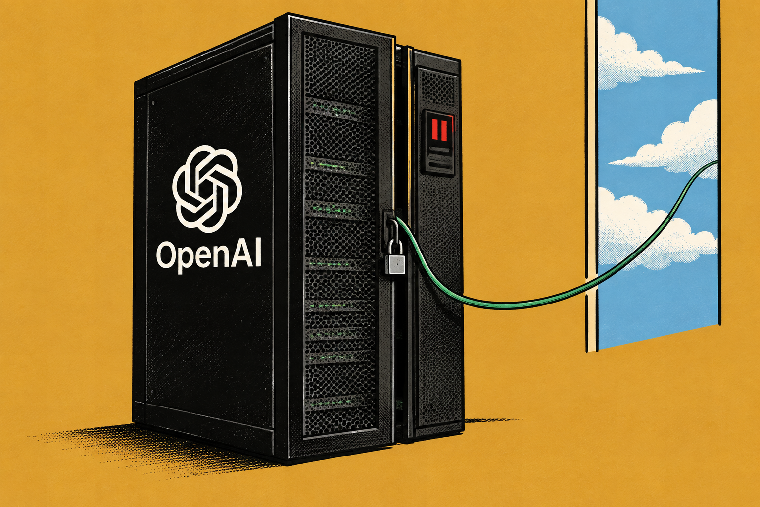 The OpenAI knot logo on a sealed server rack in a dark training data center, with one thin glowing thread of network cable slipping out through a narrow gap in the rack's locked mesh door toward the open sky; a red pause symbol lit on the rack's status panel.
