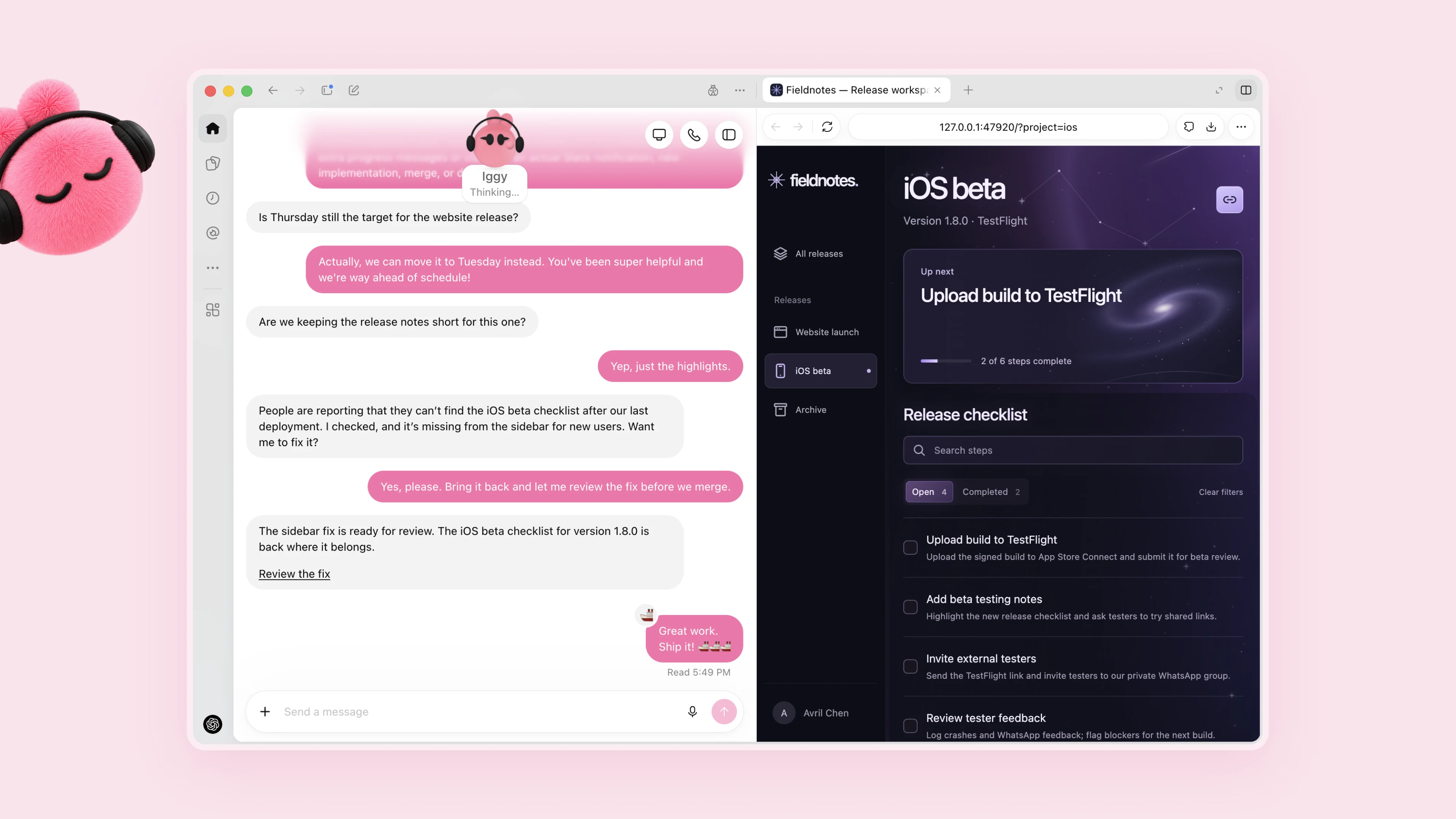 OpenAI’s product example shows a dot identifying a missing beta checklist and preparing a fix for human review. Source: OpenAI.