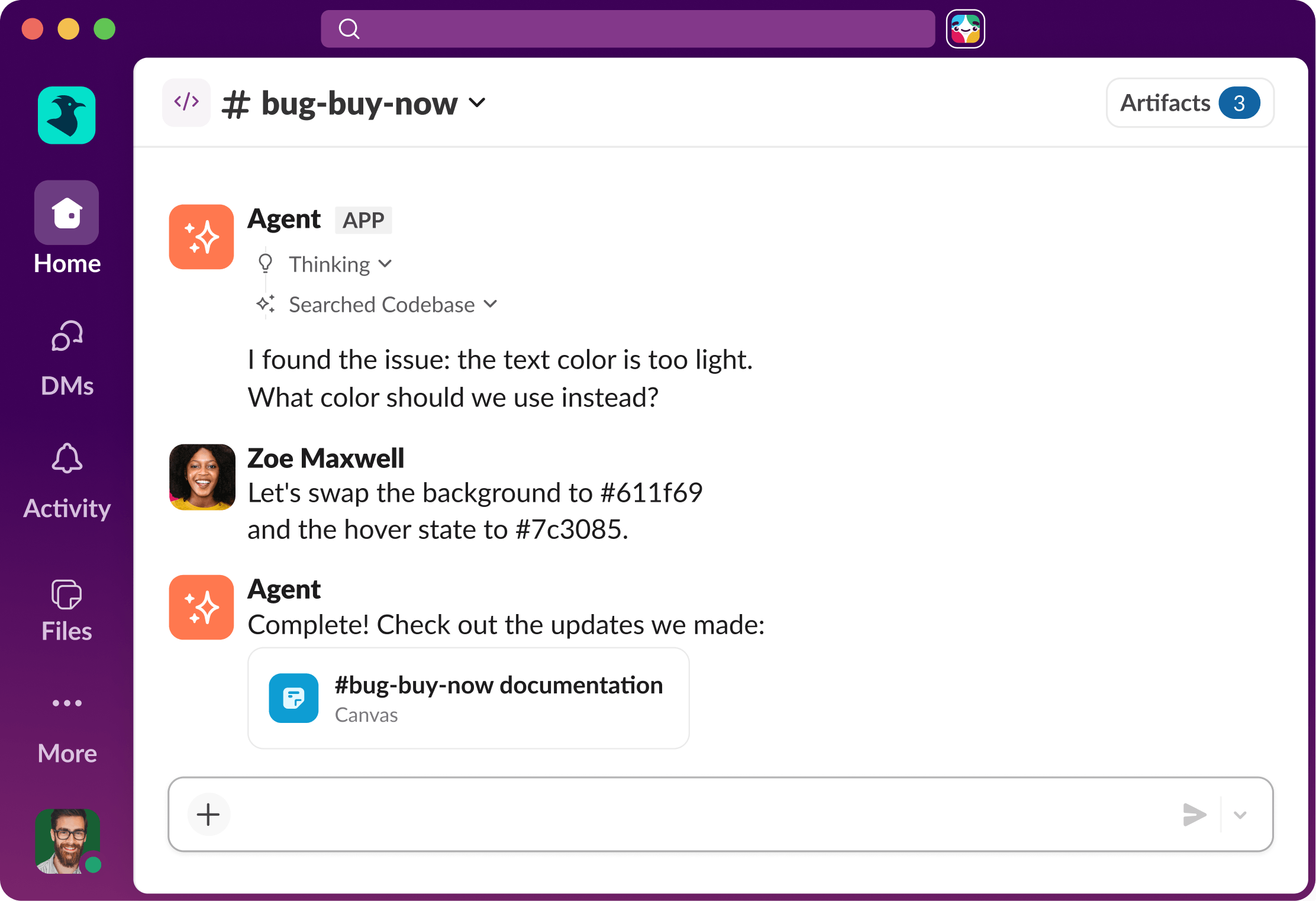 Official Slack Code product rendering showing a shared code channel with an agent conversation, code changes and project Canvas.