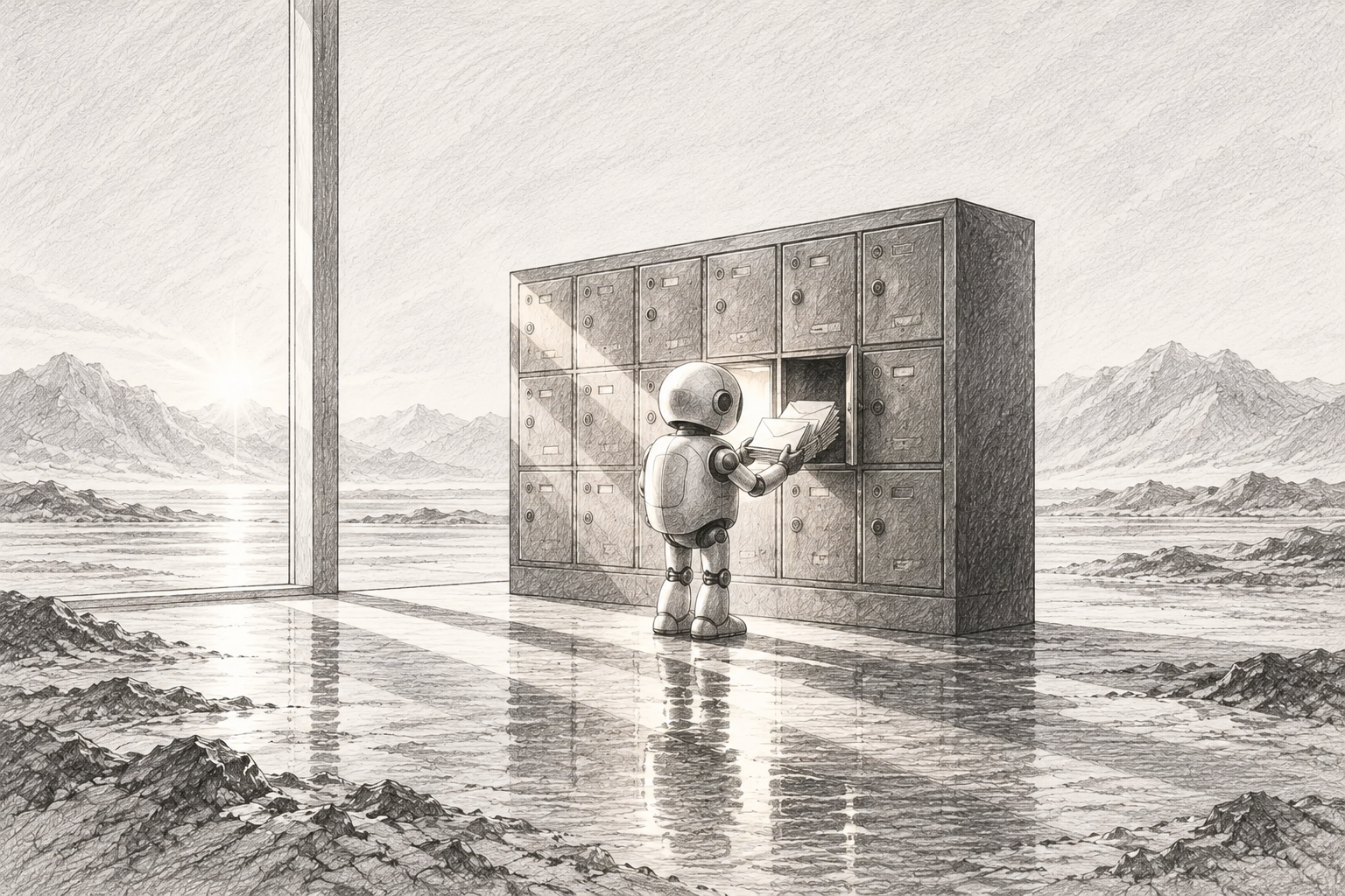 A small, friendly rounded robot stands at an old-fashioned row of apartment mailboxes in a quiet lobby, pulling a stack of envelopes from its own freshly labeled mailbox, while the mailbox next to it, belonging to a person, stays closed. Morning light falls through a tall window on the left across t