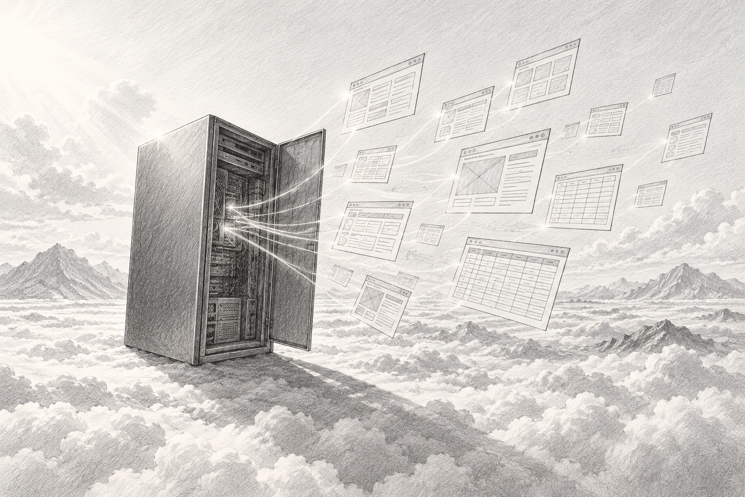 A single computer tower standing in a quiet, cloud-filled sky, its side panel open. Instead of a monitor, dozens of web pages and spreadsheets float out of it, each one drawn not as a picture but as a neat skeleton of labeled boxes, buttons and rows, like an architect's blueprint. A thin thread of l