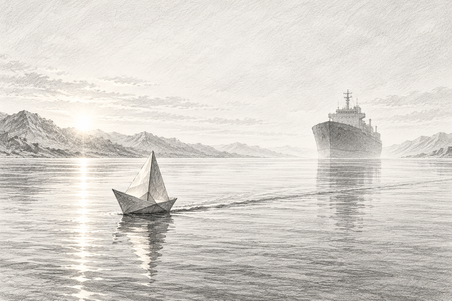 A small, quick paper boat racing across a wide calm sheet of water, leaving a long thin wake, while a much larger, heavier ship sits slowly far behind it in the haze. Early morning light comes low from the left, catching the small boat's sail in warm orange. Quiet, spare composition with lots of ope